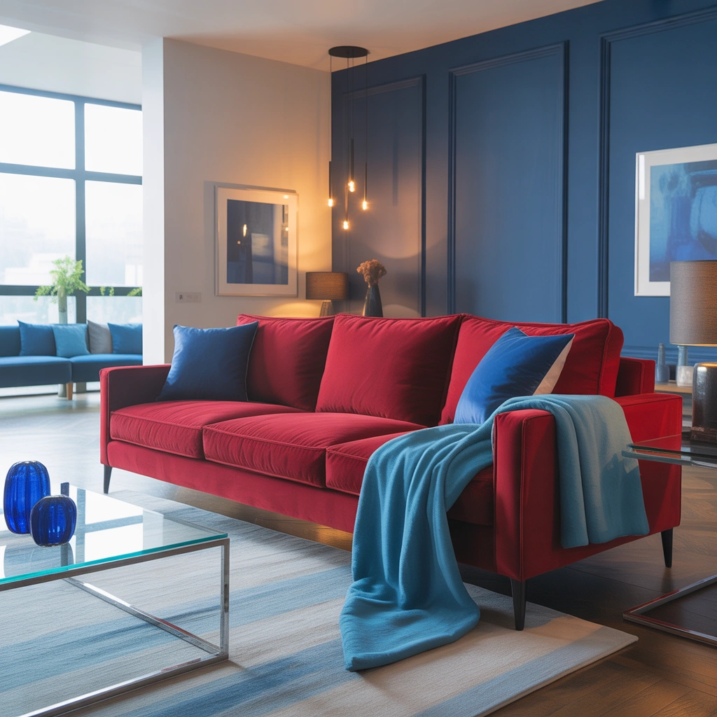 Combine a Red Couch With Blue for a Rich Contrast