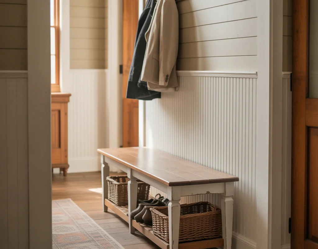 Farmhouse Style Bench for a Cozy Entryway Feel