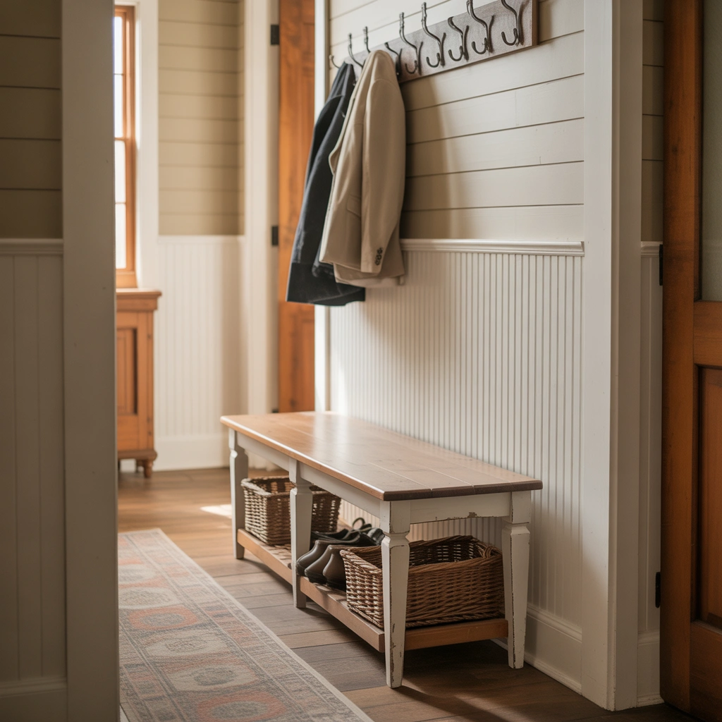 Farmhouse Style Bench for a Cozy Entryway Feel