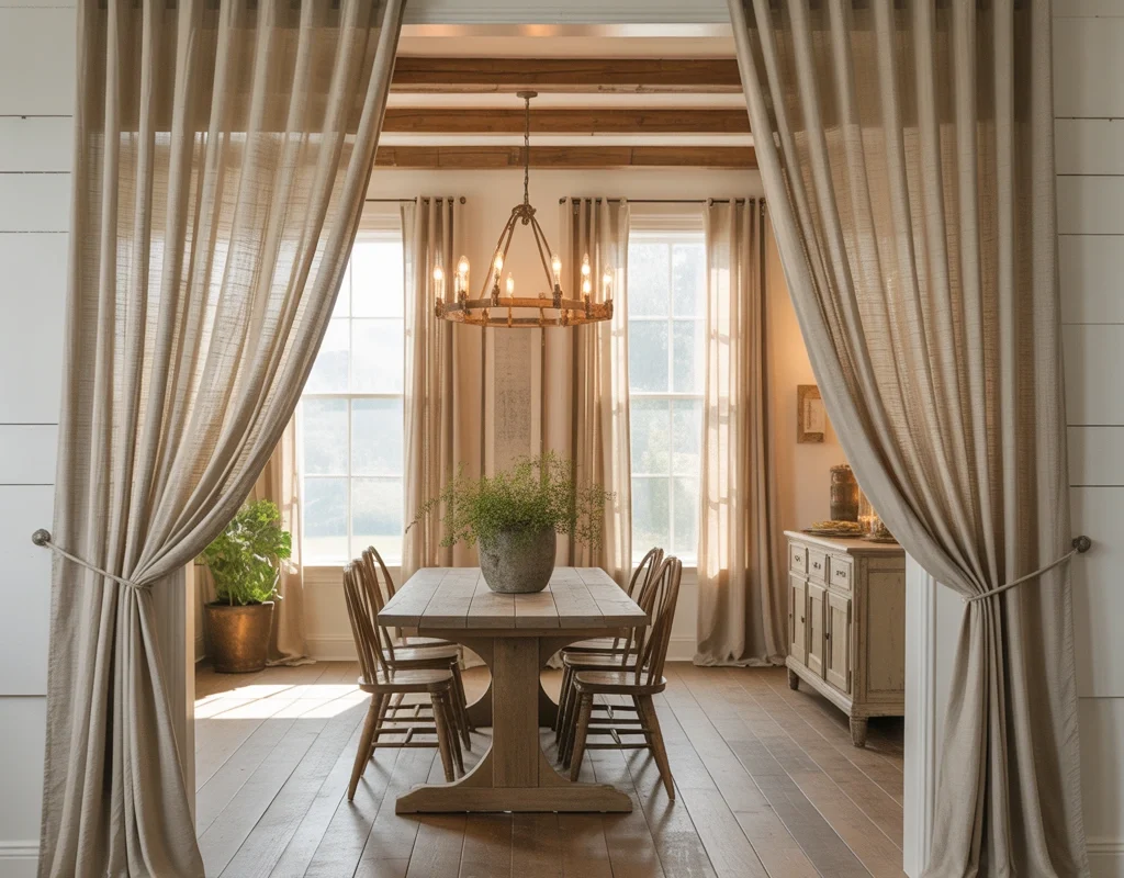 Floor Length Curtains for a More Elegant Farmhouse Dining Room