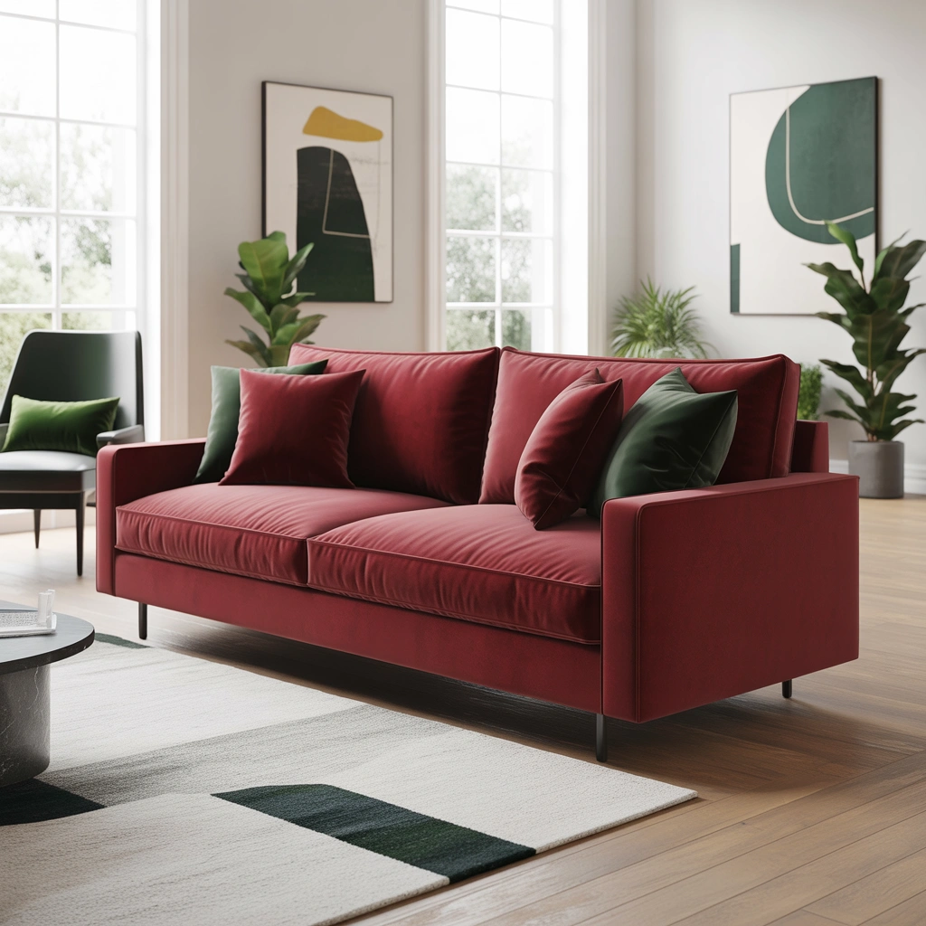 Go Bold With a Red Couch and Dark Green Accents