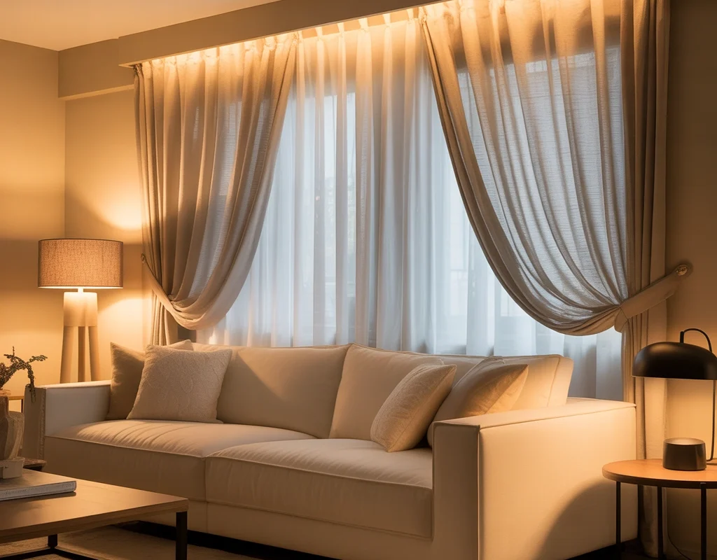 Layer Curtains and Lighting for a Soft Cozy Mood