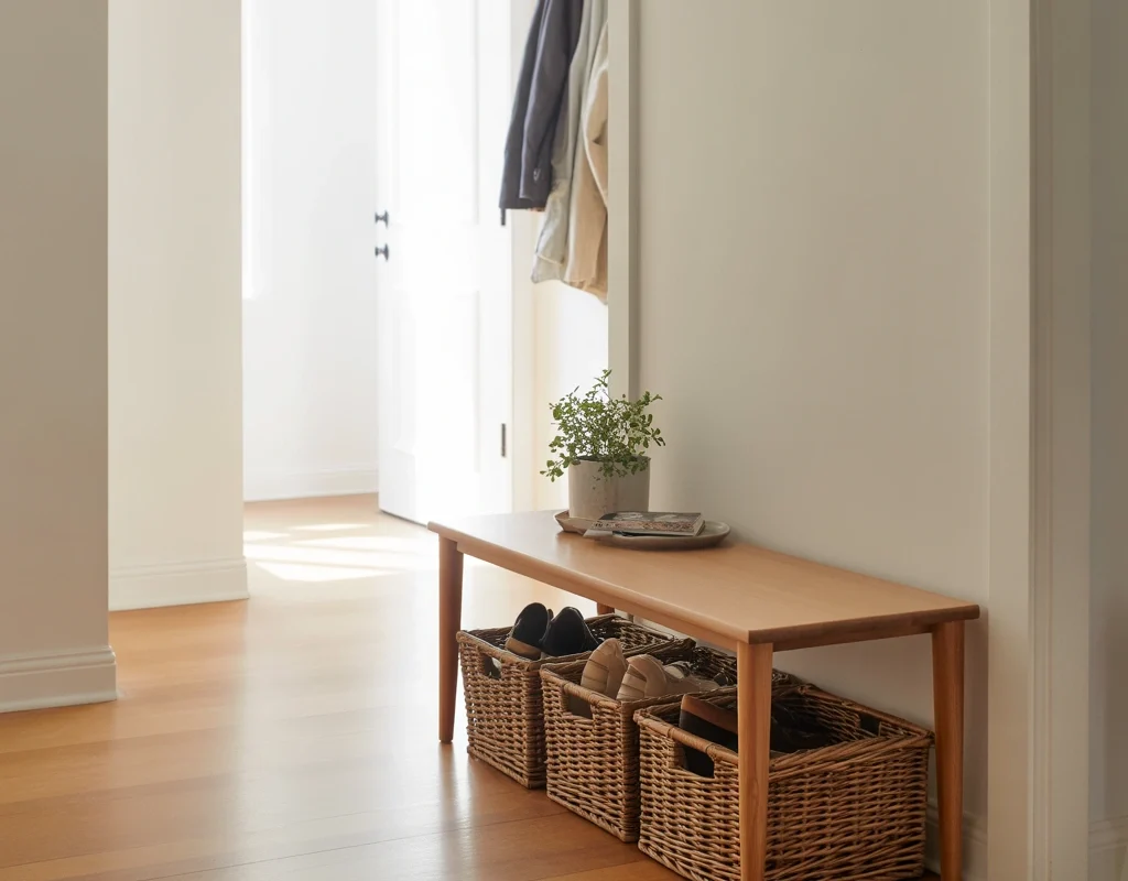 Narrow Bench with Baskets for Easy Organization