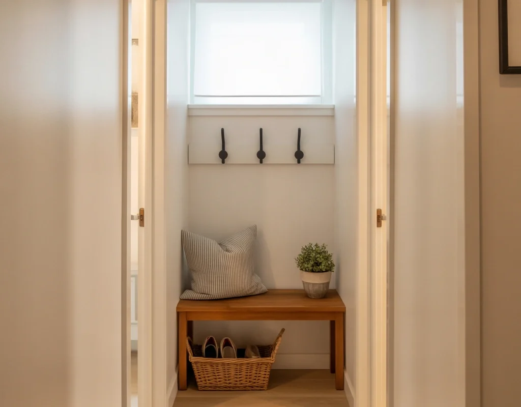 Narrow Bench with Wall Hooks Above