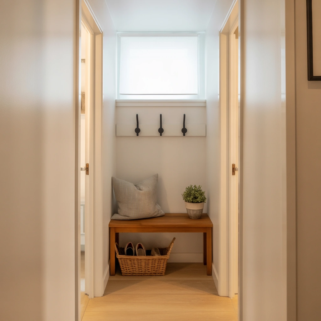 Narrow Bench with Wall Hooks Above