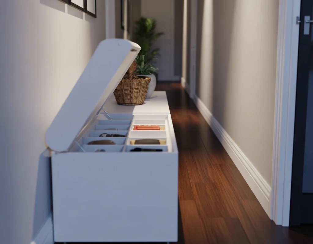 Narrow Hallway Storage Bench with Hidden Compartments