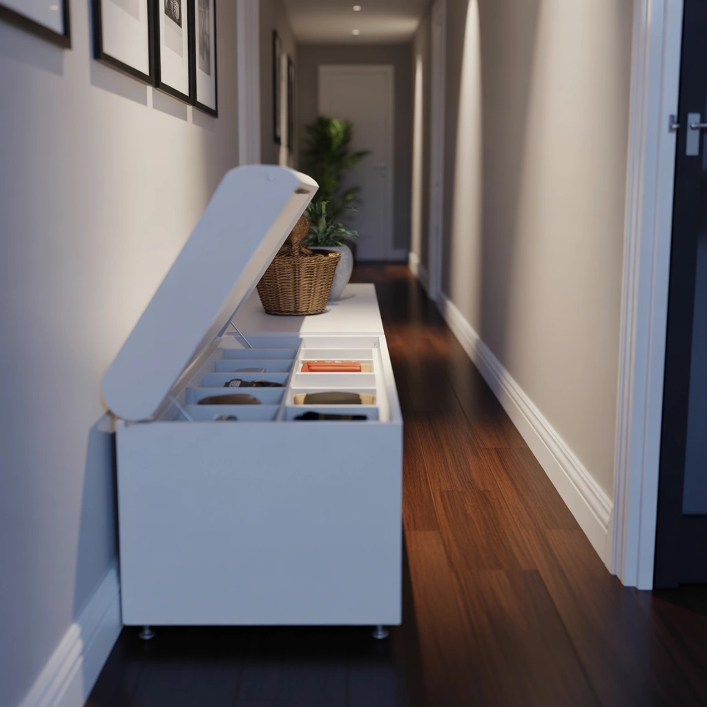 Narrow Hallway Storage Bench with Hidden Compartments
