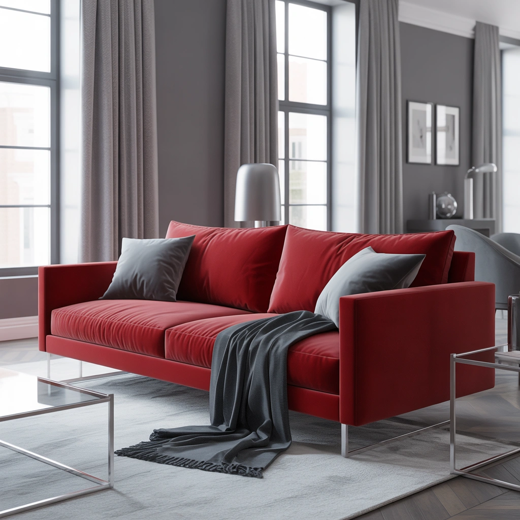 Style a Red Couch With Gray for a Calm and Elegant Room