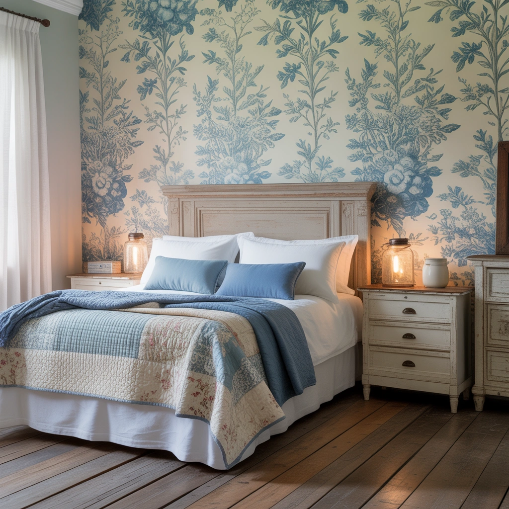 Try Blue Floral Wallpaper for a Romantic Farmhouse Bedroom