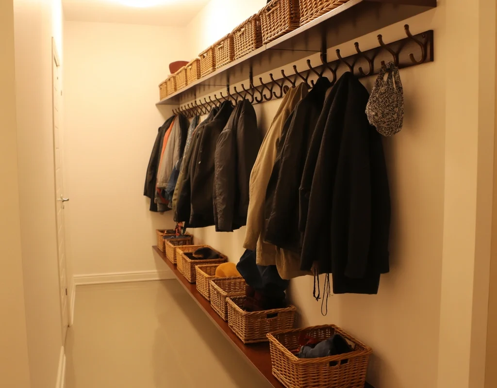 Use Baskets Above or Below Coat Hooks