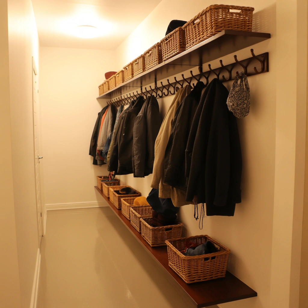 Use Baskets Above or Below Coat Hooks