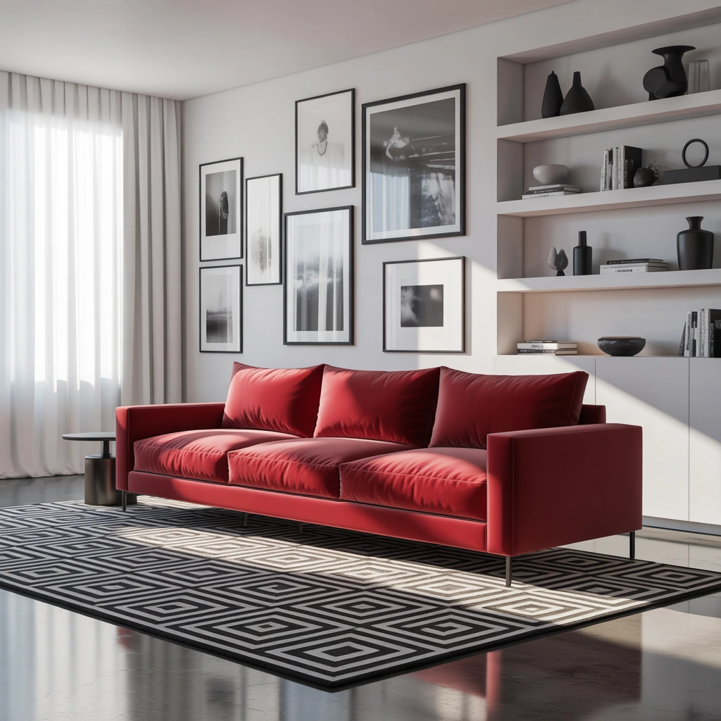Use Black and White Decor for a Modern Red Couch Living Room