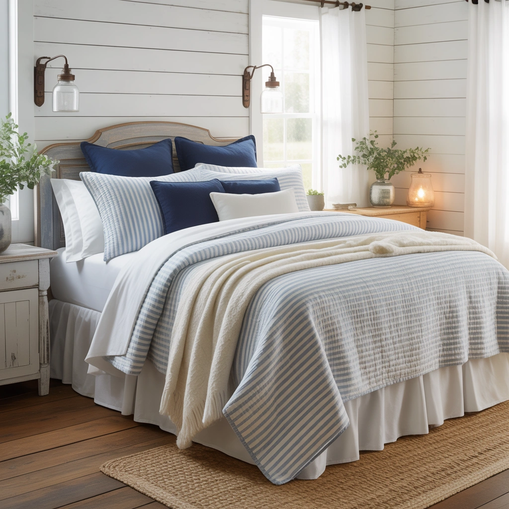 Use Blue and White Bedding for a Classic Farmhouse Look