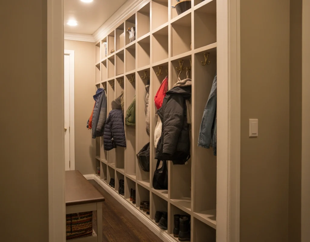 Use Built In Cubbies for Family Coat Storage