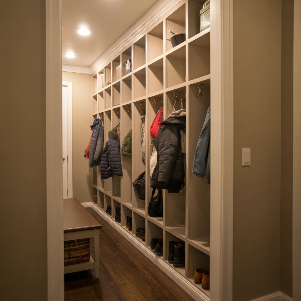 Use Built In Cubbies for Family Coat Storage