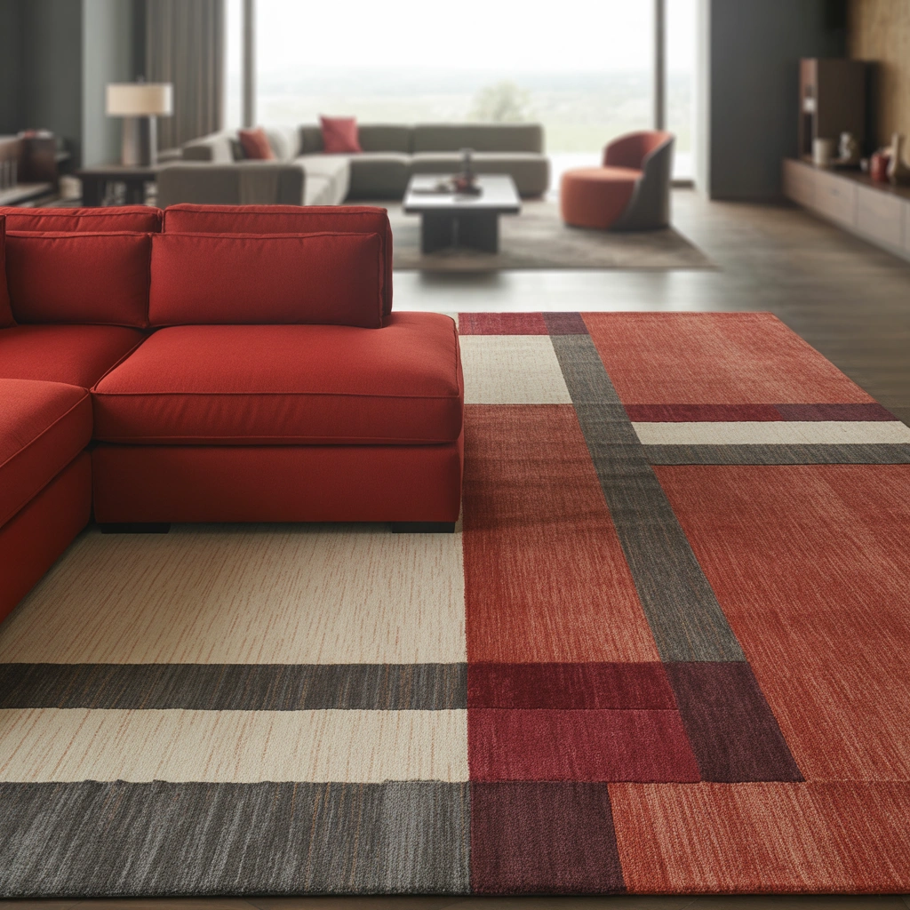 Use Patterned Rugs to Tie the Red Couch Into the Room