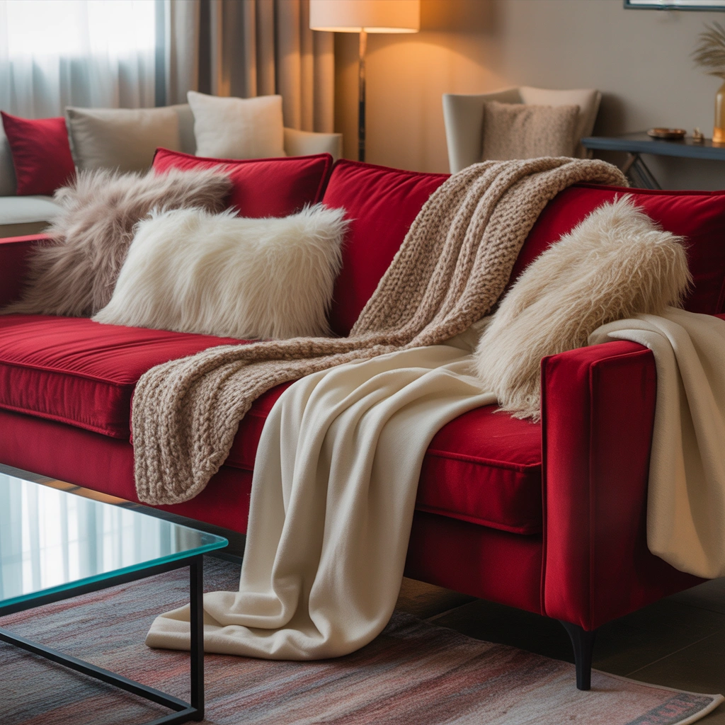 Use Soft Textures to Make a Red Couch Feel Cozy