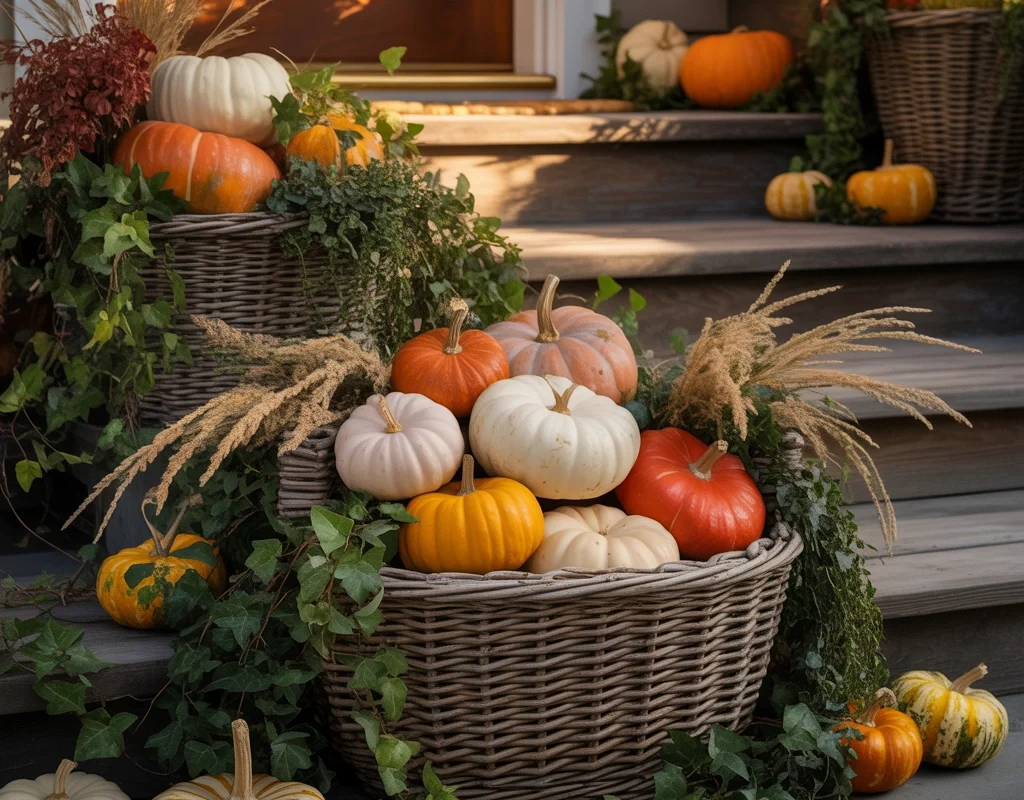 Fill Baskets With Pumpkins and Greenery