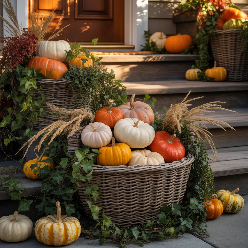 Fill Baskets With Pumpkins and Greenery