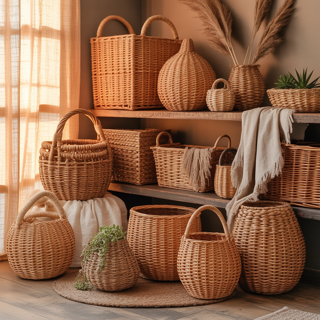 Introduce Woven Baskets for Storage and Texture