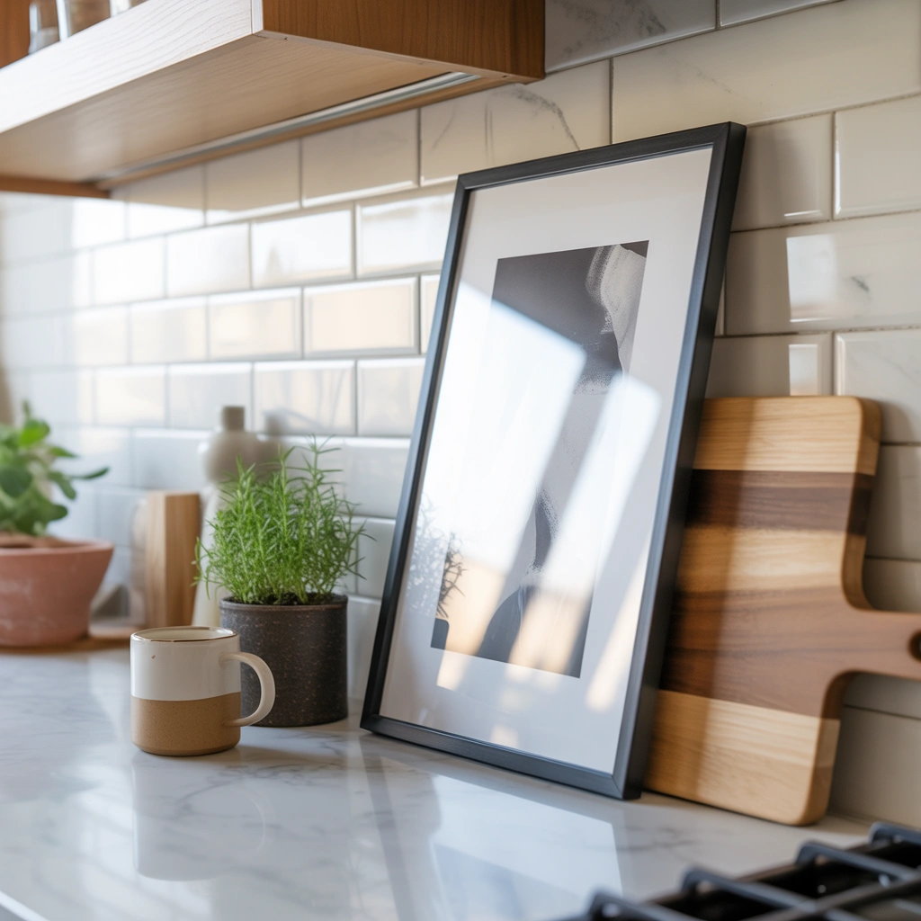Lean Framed Artwork Against the Backsplash