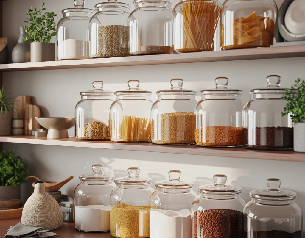 Style Shelves With Clear Glass Storage Jars