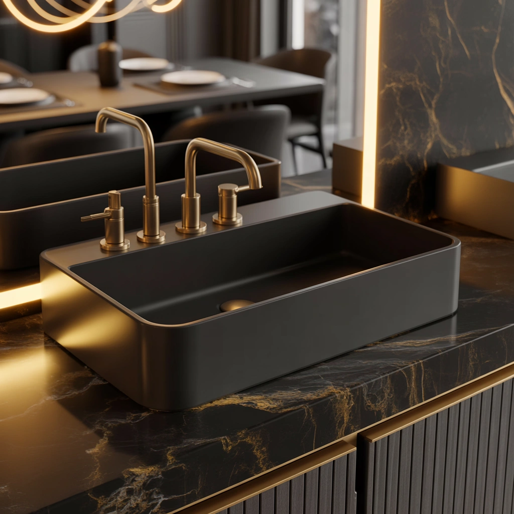 Black and Gold Wash Basin for a Dramatic Interior