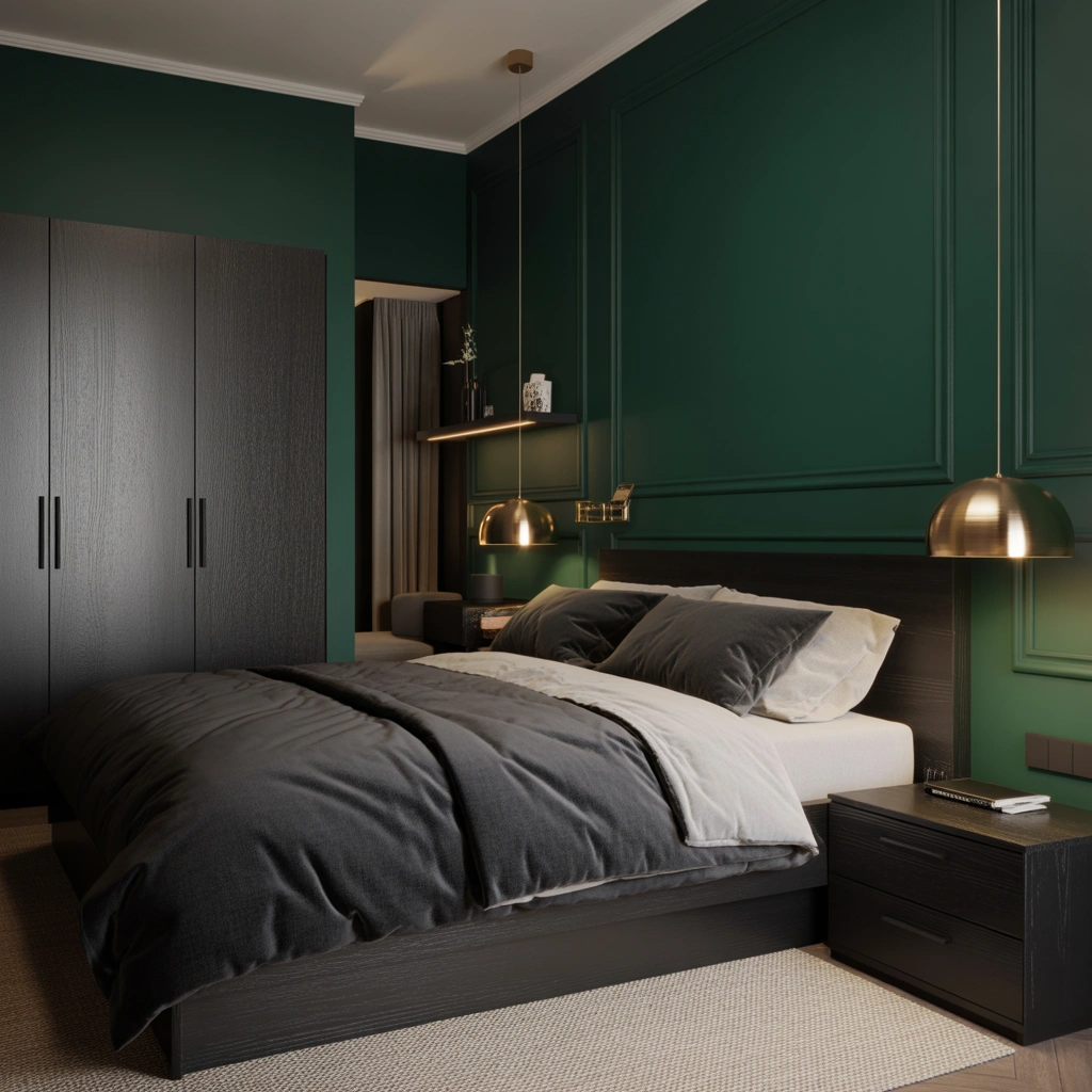 Combine Dark Green Walls With Black Wooden Furniture