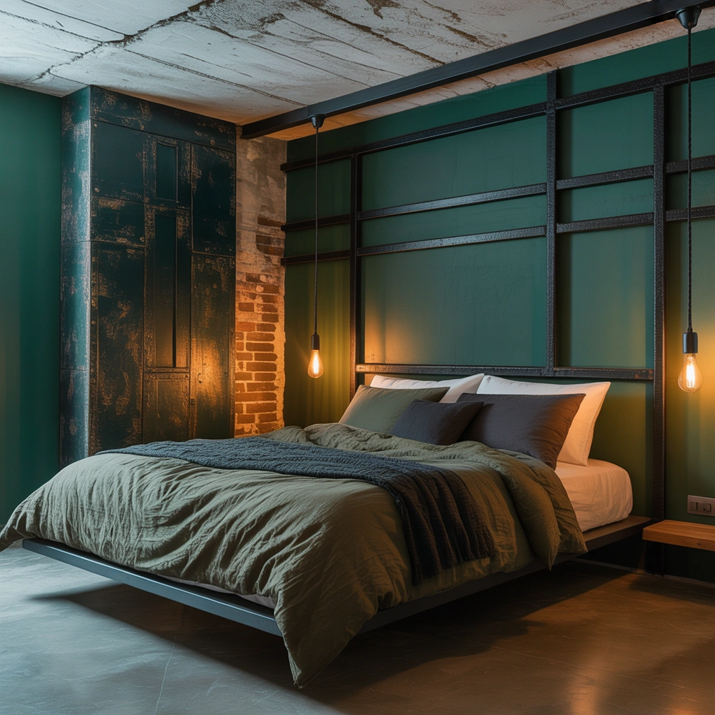 Create an Industrial Dark Green and Black Bedroom