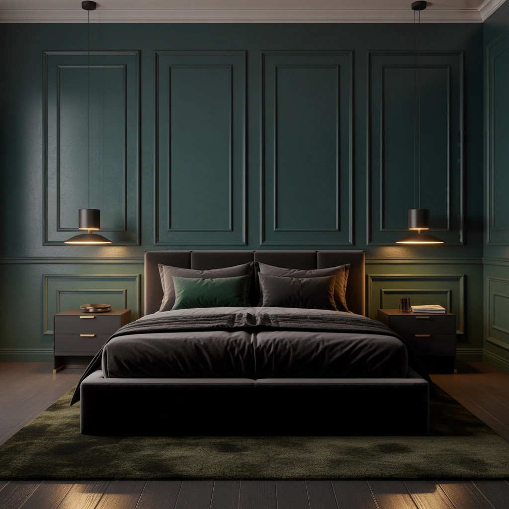 Design a Dark Green and Black Bedroom With Paneling