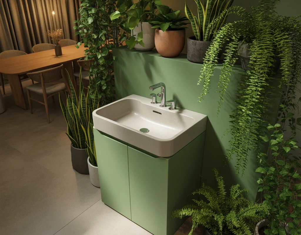 Green Wash Basin Corner with Indoor Plants