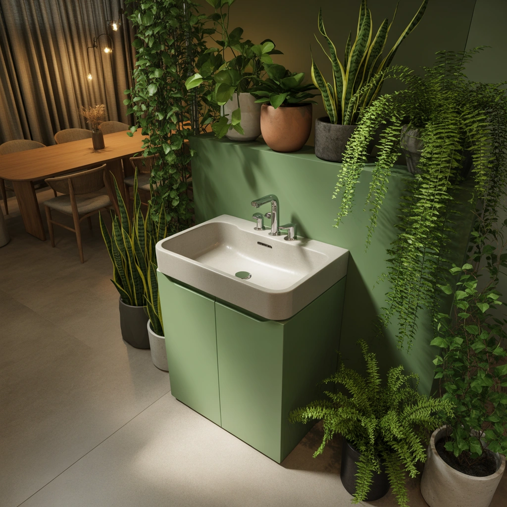 Green Wash Basin Corner with Indoor Plants