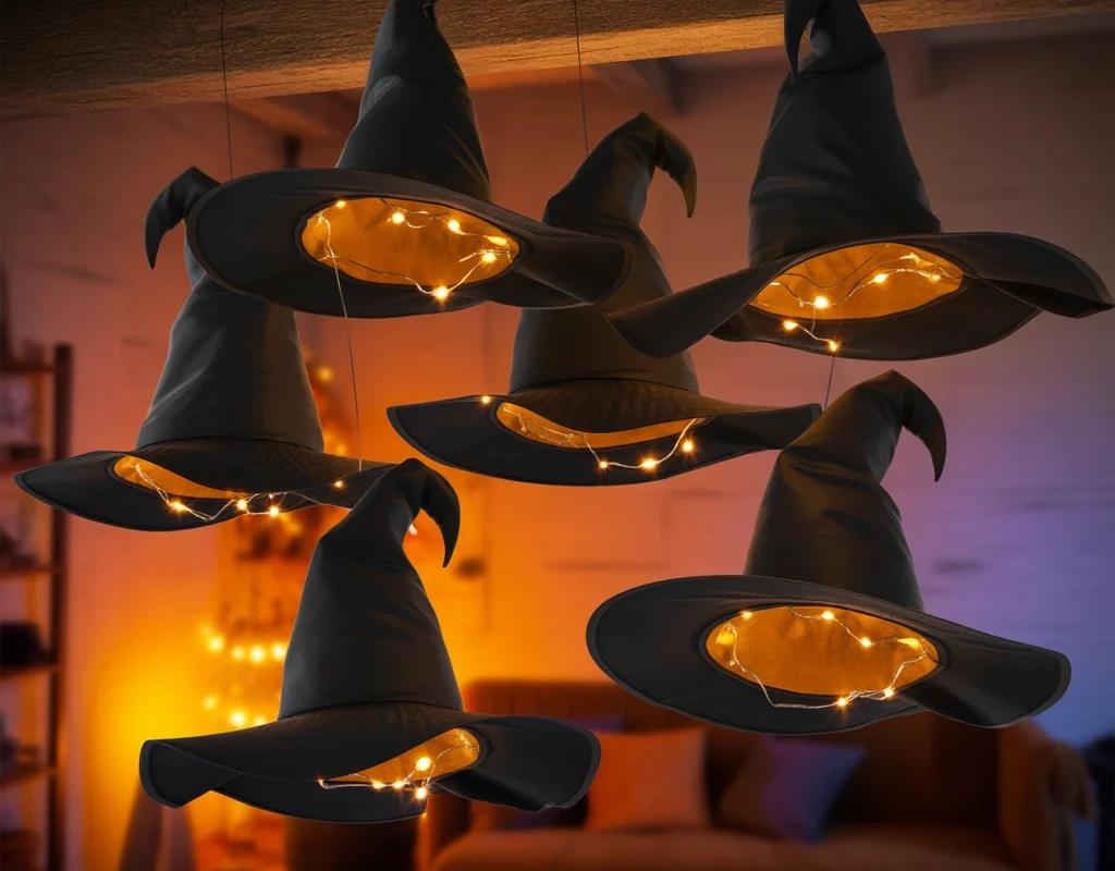 Hanging Witch Hats with Lights