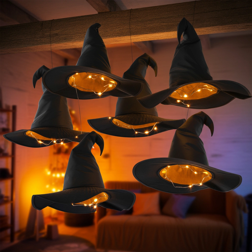 Hanging Witch Hats with Lights