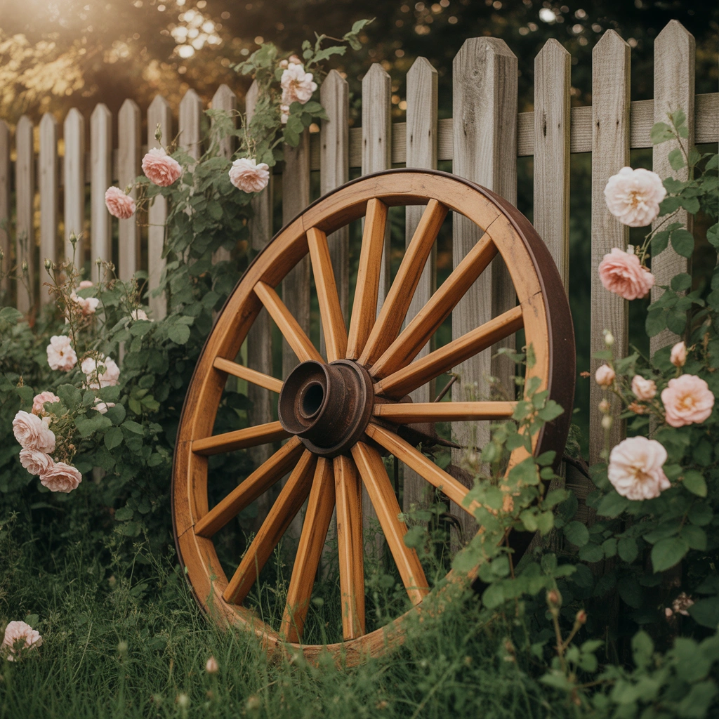 Lean a Wagon Wheel Against a Garden Fence