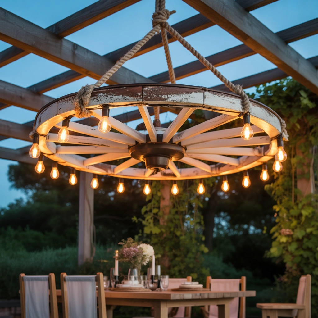 Turn a Wagon Wheel into an Outdoor Chandelier
