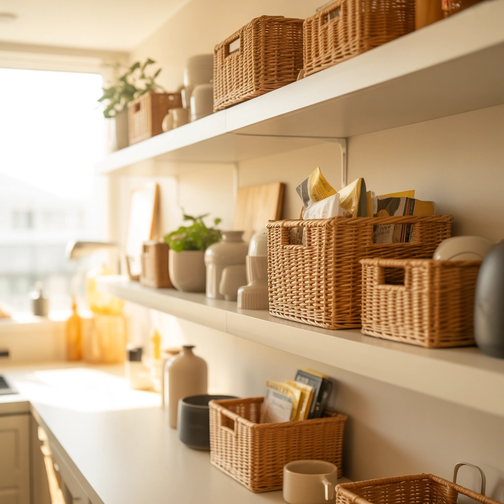 Use Baskets to Hide Small Kitchen Clutter