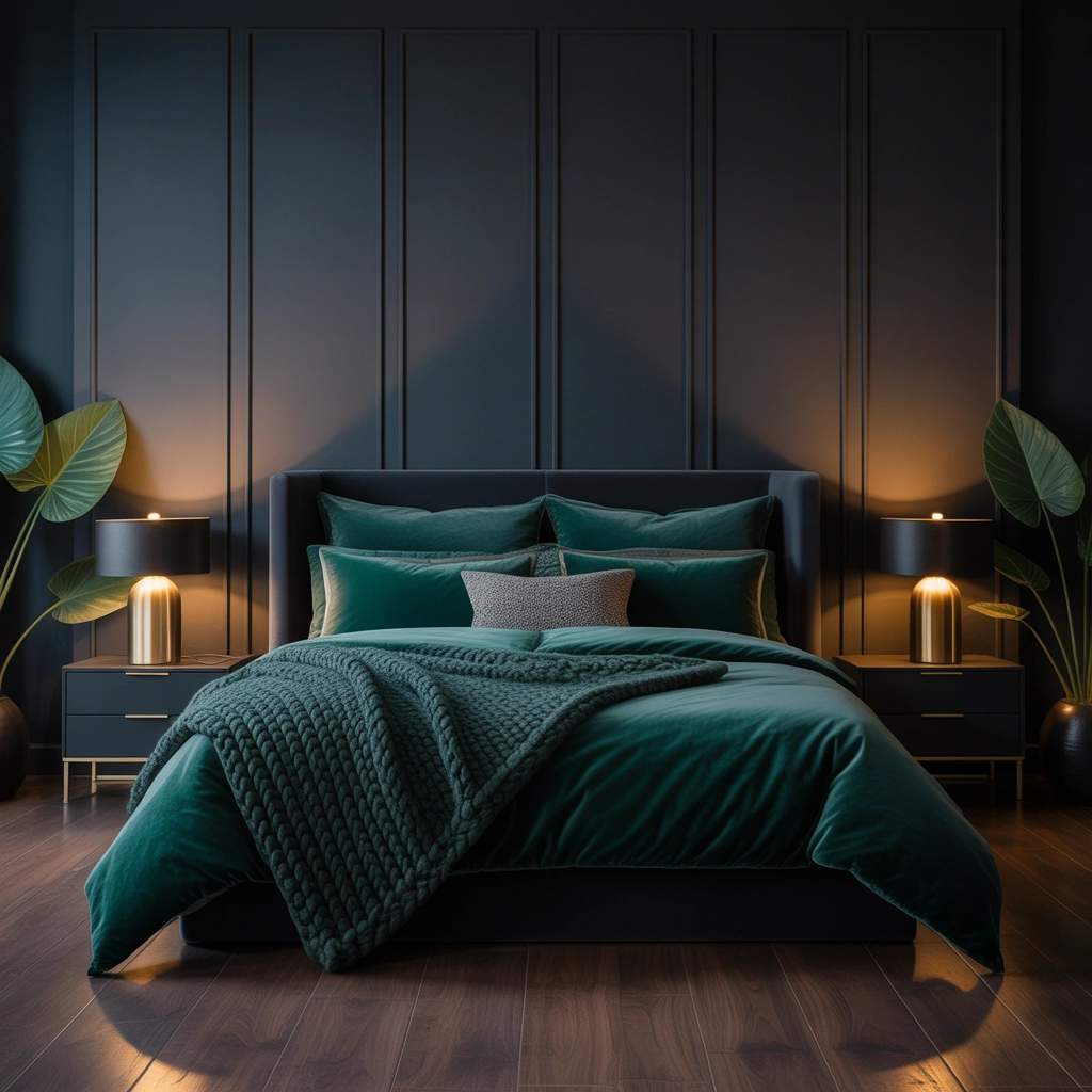 Use a Black Feature Wall With Dark Green Bedding